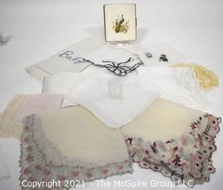 Group of Vintage Linens Including Handkerchiefs and Cigarette Case.