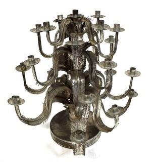 Vintage Handmade Folk Art Punched Tin Candelabra.  Measures 12" T x 13" D