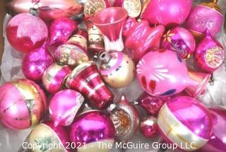 Group of Vintage Hand Painted Pink and Mercury Glass Christmas Ornaments Hand Painted Some with Indents.