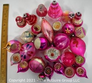 Group of Vintage Hand Painted Pink and Mercury Glass Christmas Ornaments Hand Painted Some with Indents.