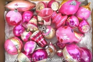 Group of Vintage Hand Painted Pink and Mercury Glass Christmas Ornaments Hand Painted Some with Indents.