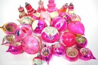 Group of Vintage Hand Painted Pink and Mercury Glass Christmas Ornaments Hand Painted Some with Indents.