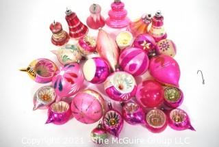 Group of Vintage Hand Painted Pink and Mercury Glass Christmas Ornaments Hand Painted Some with Indents.