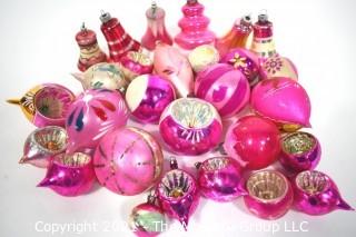 Group of Vintage Hand Painted Pink and Mercury Glass Christmas Ornaments Hand Painted Some with Indents.