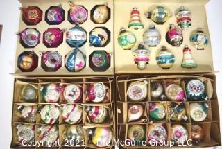 Four (4) Boxes of Vintage Hand Painted Mercury Glass Christmas Ornaments with Indents.