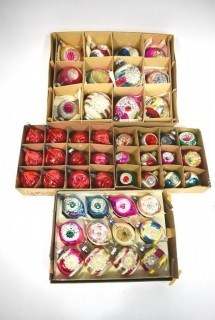 Four (4) Boxes of Vintage Hand Painted Mercury Glass Christmas Ornaments with Indents.