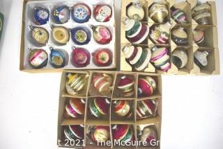 Three (3) Boxes of Vintage Hand Painted Mercury Glass Christmas Ornaments with Indents & Stripes.