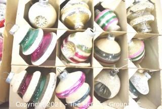 Three (3) Boxes of Vintage Hand Painted Mercury Glass Christmas Ornaments with Indents & Stripes.