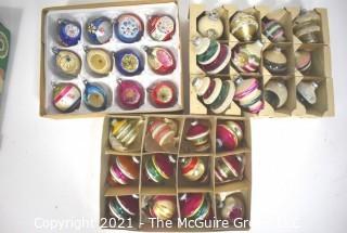 Three (3) Boxes of Vintage Hand Painted Mercury Glass Christmas Ornaments with Indents & Stripes.