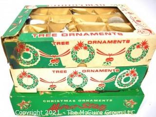 Three (3) Boxes of Vintage Hand Painted Mercury Glass Christmas Ornaments with Indents.