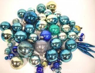 Group of Vintage Hand Painted Blue Mercury Glass Christmas Ornaments.