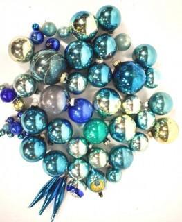 Group of Vintage Hand Painted Blue Mercury Glass Christmas Ornaments.