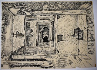 Unframed Black & White Pen on Paper of Attice Room Signed by Artist.  Measures 10" x 14".