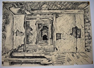 Unframed Black & White Pen on Paper of Attice Room Signed by Artist.  Measures 10" x 14".