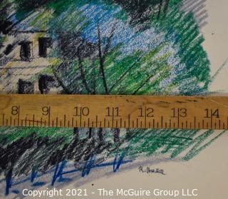 Unframed Pastel on Paper of Landscape with House, Signed by Artist.  Signature Illegible. Measures 17" x 12".