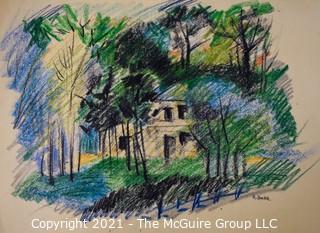 Unframed Pastel on Paper of Landscape with House, Signed by Artist.  Signature Illegible. Measures 17" x 12".