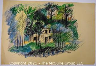 Unframed Pastel on Paper of Landscape with House, Signed by Artist.  Signature Illegible. Measures 17" x 12".