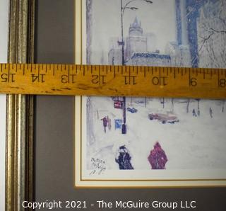 Framed Under Glass Print Titled "At the Plaza"; pencil signed Alex Schloss.  Measures 14" x 15".