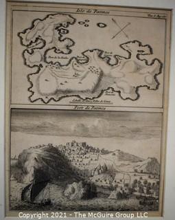 Copper Engraving Printed in Amsterdam 1718 of the Island and City of Patmos Greece.  Measures 8" x 9".