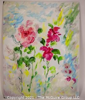 Unframed Oil on Board of Pink Flowers. Measures 16" x 20".