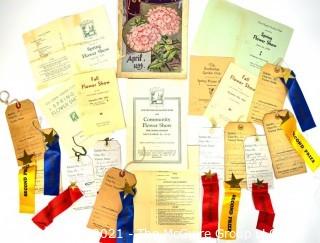 Grouping of Vintage 1930's Programs and Prize Ribbons from Community Flower Shows.
