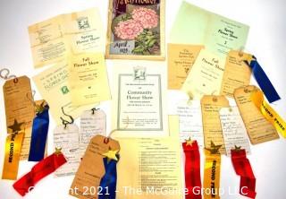 Grouping of Vintage 1930's Programs and Prize Ribbons from Community Flower Shows.
