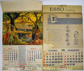 Two (2) Vintage ESSO SAPPA Gasoline Advertising Calendars Featuring Regional Artists of Argentina for 1945 & 1951.