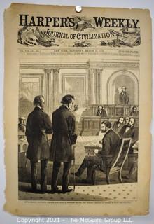 Front Page from Harpers Weekly March 14, 1868 -Impeachment - Thaddeus Stevens and John A. Bingham before the Senate, Sketched by Theodore R. Davis.