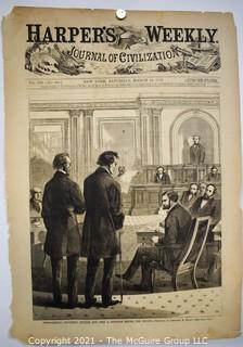 Front Page from Harpers Weekly March 14, 1868 -Impeachment - Thaddeus Stevens and John A. Bingham before the Senate, Sketched by Theodore R. Davis.