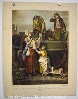 Unframed Hand Colored Engraving Francis Wheatley From the Series 'The Cries of London': "Fresh Gathered Peas" 1795.  Measures 14" x 18".