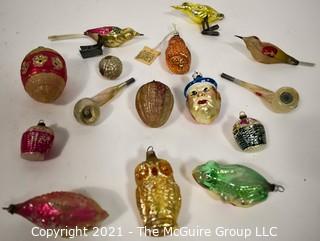 Group of Vintage Figural Hand Painted Mercury Glass Christmas Ornaments.