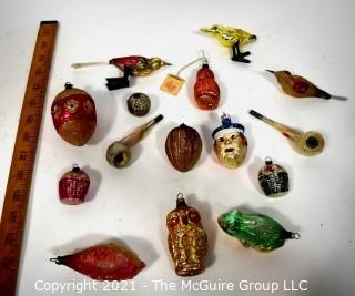 Group of Vintage Figural Hand Painted Mercury Glass Christmas Ornaments.