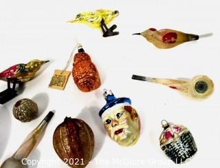 Group of Vintage Figural Hand Painted Mercury Glass Christmas Ornaments.