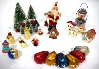 Collection of Vintage Christmas Decoations Including Bottle Brush Trees, Wax Ornaments, Lantern and Glass Ornaments Made in Poland.