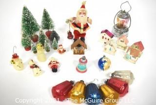 Collection of Vintage Christmas Decoations Including Bottle Brush Trees, Wax Ornaments, Lantern and Glass Ornaments Made in Poland.