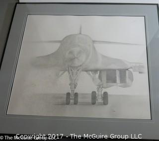 Framed pencil sketch of B-1 bomber; signed (Note: smudging on left side of work -possibly intentional); 36 x 42"