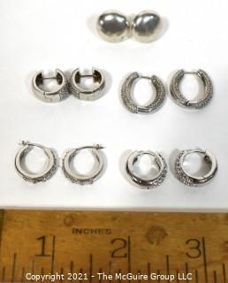 Set of Five Sterling Silver Pierced Earrings Including Hoops and Studs. 