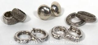 Set of Five Sterling Silver Pierced Earrings Including Hoops and Studs. 