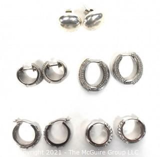 Set of Five Sterling Silver Pierced Earrings Including Hoops and Studs. 