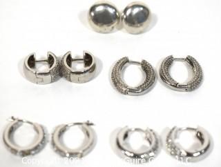 Set of Five Sterling Silver Pierced Earrings Including Hoops and Studs. 