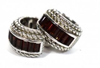 Vintage Judith Ripka Sterling Silver Huggie Hoop Earrings with Channel Set Garnets. 