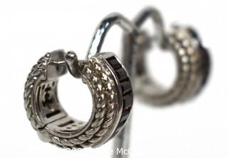 Vintage Judith Ripka Sterling Silver Huggie Hoop Earrings with Channel Set Garnets. 