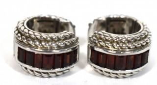 Vintage Judith Ripka Sterling Silver Huggie Hoop Earrings with Channel Set Garnets. 