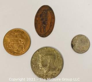 (4) Coins including 1967 Kennedy Half Dollar, 1964 Silver Dime, Apollo 11 Commemorative and Will Rogers Humorist Squashed Penny.