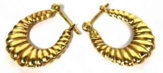 Pair of 14 kt Gold Hollow Scallop Hoop Pierced Earrings. Weighs 1.6 g