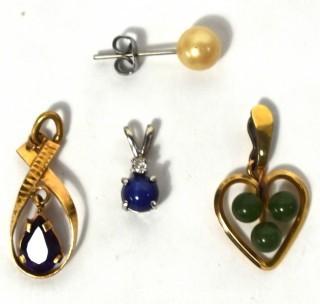 Two (2) 14 kt Yellow Gold Pendants with Jade and Amethyst, One (1) Sterling Pendant with Blue Star Sapphire and One (1) Single Pearl Earring.