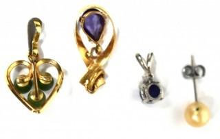 Two (2) 14 kt Yellow Gold Pendants with Jade and Amethyst, One (1) Sterling Pendant with Blue Star Sapphire and One (1) Single Pearl Earring.