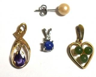 Two (2) 14 kt Yellow Gold Pendants with Jade and Amethyst, One (1) Sterling Pendant with Blue Star Sapphire and One (1) Single Pearl Earring.