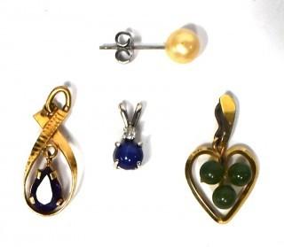 Two (2) 14 kt Yellow Gold Pendants with Jade and Amethyst, One (1) Sterling Pendant with Blue Star Sapphire and One (1) Single Pearl Earring.