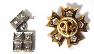 Vintage Tau Sigma Nu Epsilon Enamel & Gold Fraternity Pin and White Gold Link with Gem Stones. Total weight 4.8 g.